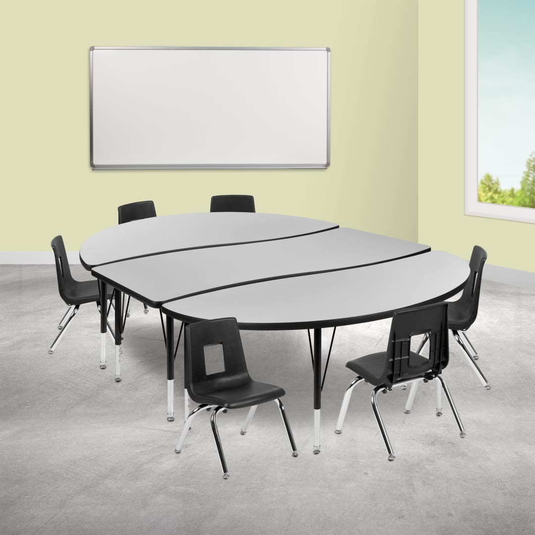 Emmy 86" Oval Wave Flexible Laminate Activity Table Set with 12" Student Stack Chairs, Grey/Black