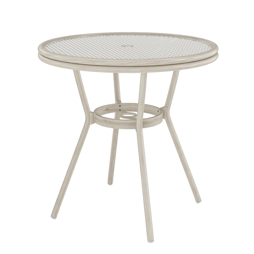Lily Pond 31.5" Round Indoor-Outdoor Bistro Dining Table with Gray Woodgrain Aluminum Finish Frame and White/Gray Woven Rattan Tabletop