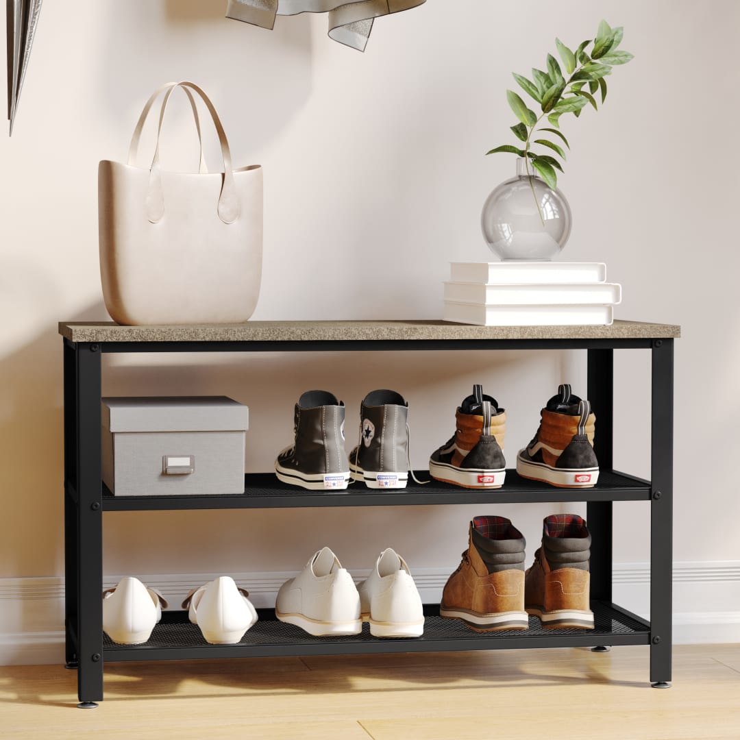 Easton 3-Tier Wooden Entryway Bench with Metal Mesh Shoe Storage Shelves for Entryway, Mudroom, or Bedroom in Weathered Wood with Black Metal Frame