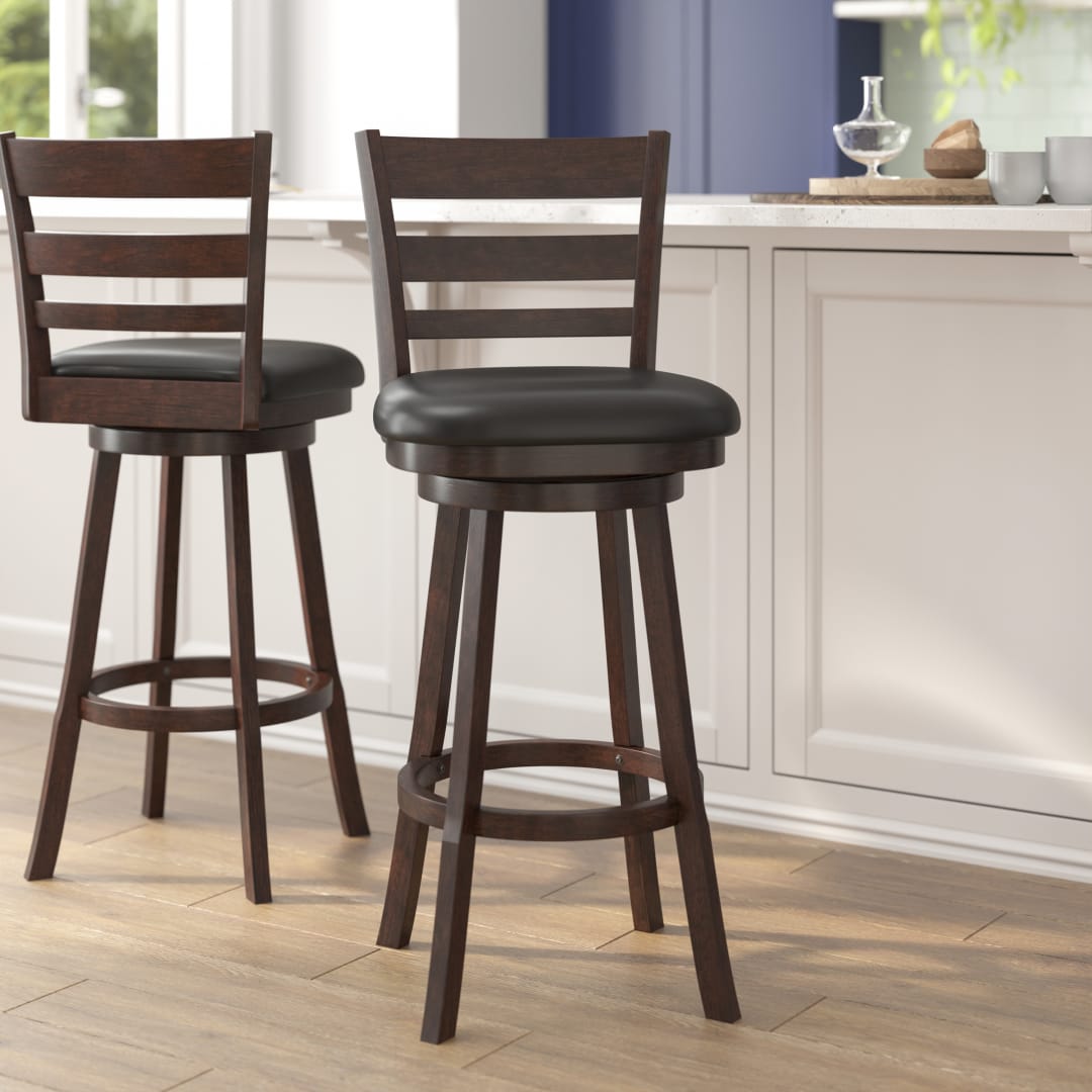 Zerrick Commercial Grade Wood Classic Ladderback Swivel Bar Height Barstool with Padded Black LeatherSoft Seat, Espresso