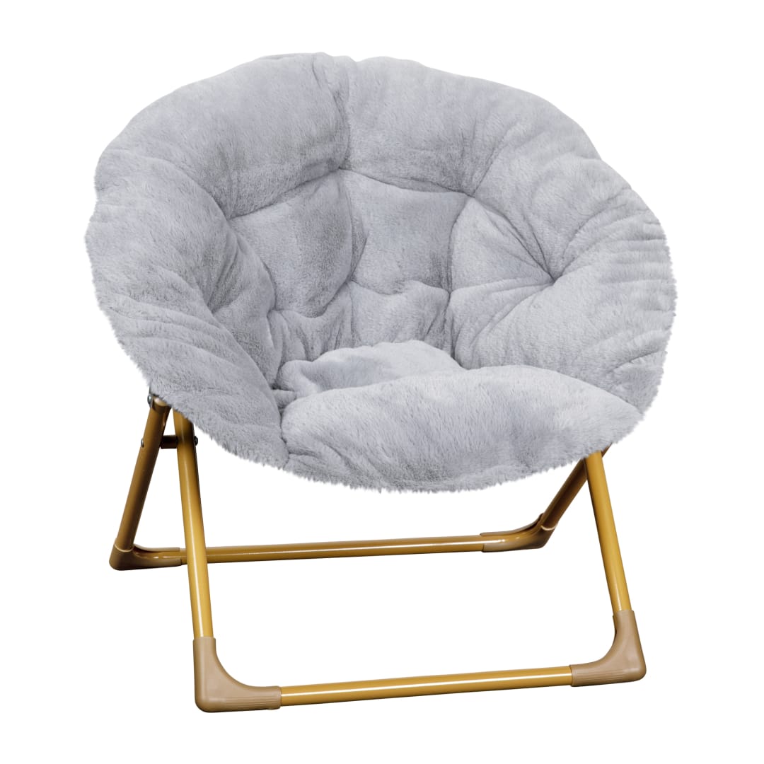 Gwen  23" Kids Cozy Mini Folding Saucer Chair, Faux Fur Moon Chair for Toddlers and Bedroom, Gray/Soft Gold