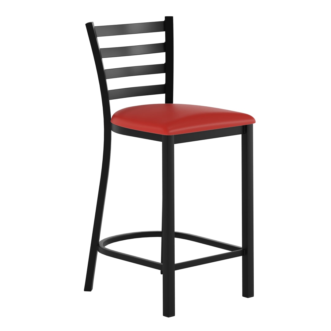 HERCULES Black Ladder Back Metal Restaurant Counter Stool - Red Vinyl Seat