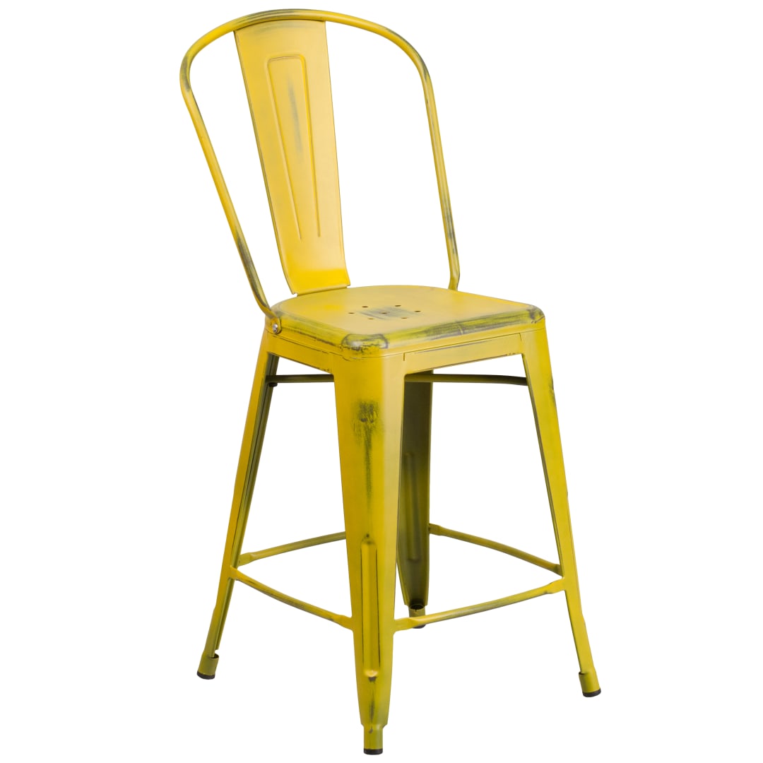 Carly Commercial Grade 24" High Distressed Yellow Metal Indoor-Outdoor Counter Height Stool with Back