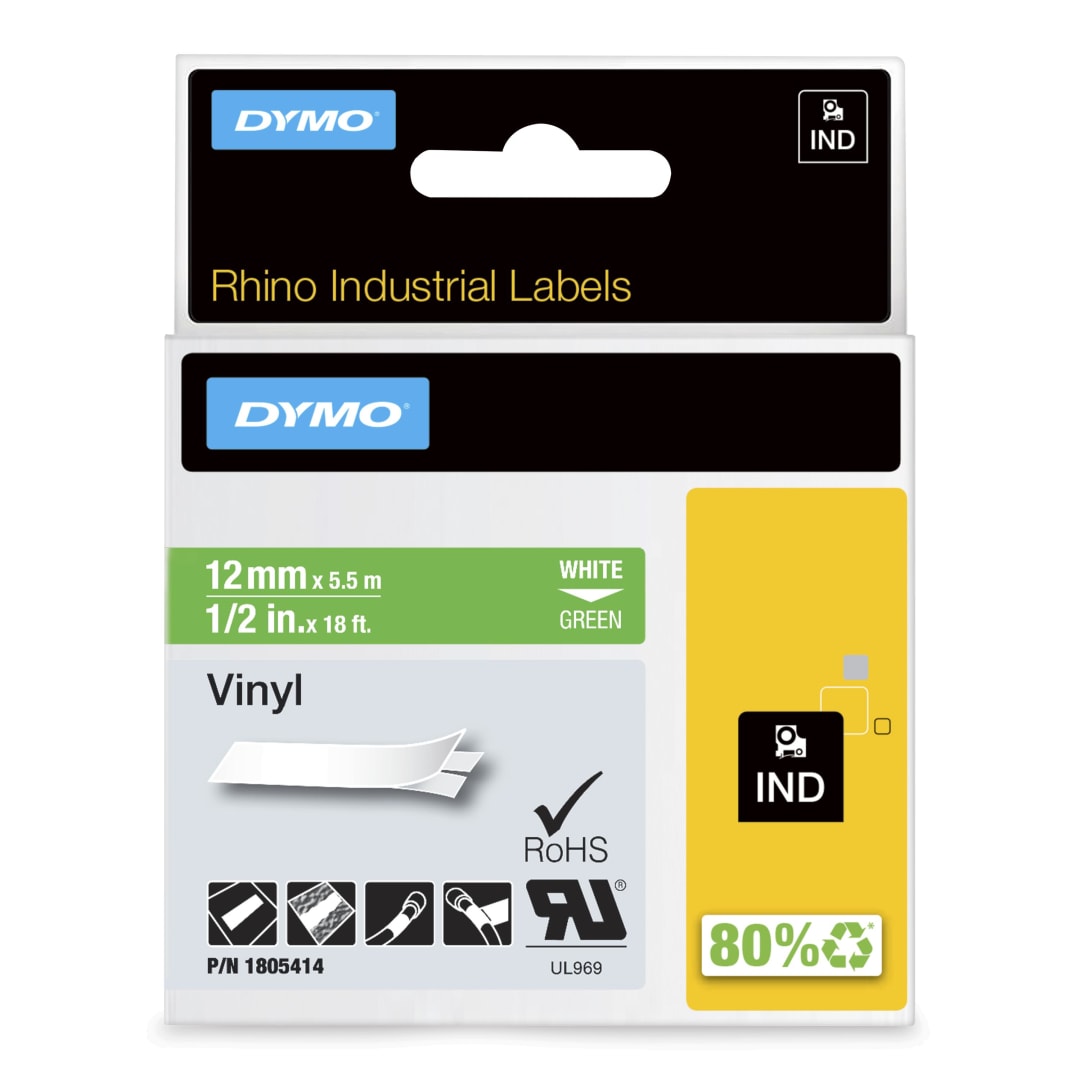 DYMO® Rhino Industrial Vinyl Labels, 1/2", White Print on Green Tape