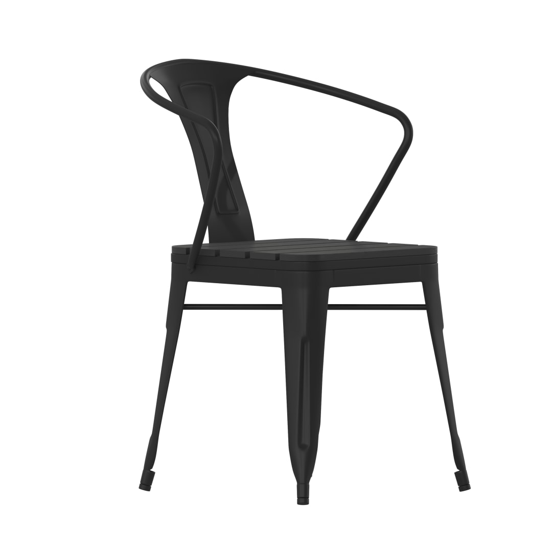 Helvey Commercial Indoor/Outdoor Black Stacking Arm Chair with Vertical Slat Back and Poly Resin Slatted Seat