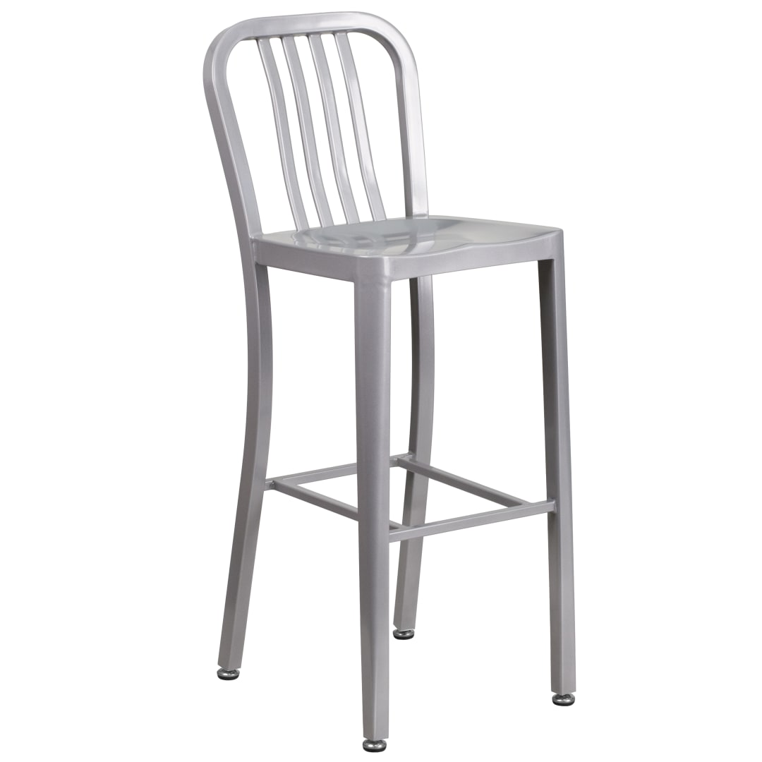 Gael Commercial Grade 30" High Silver Metal Indoor-Outdoor Barstool with Vertical Slat Back