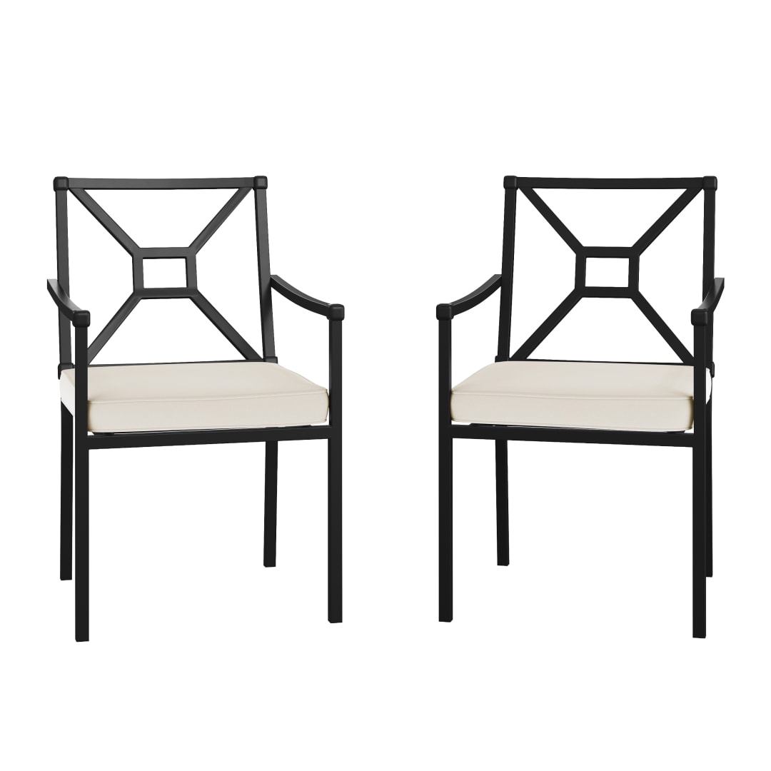 Lily Pond Set of 2 Indoor-Outdoor Stackable Patio Dining Armchairs with Steel Frames in Black with Cream All-Weather Cushions