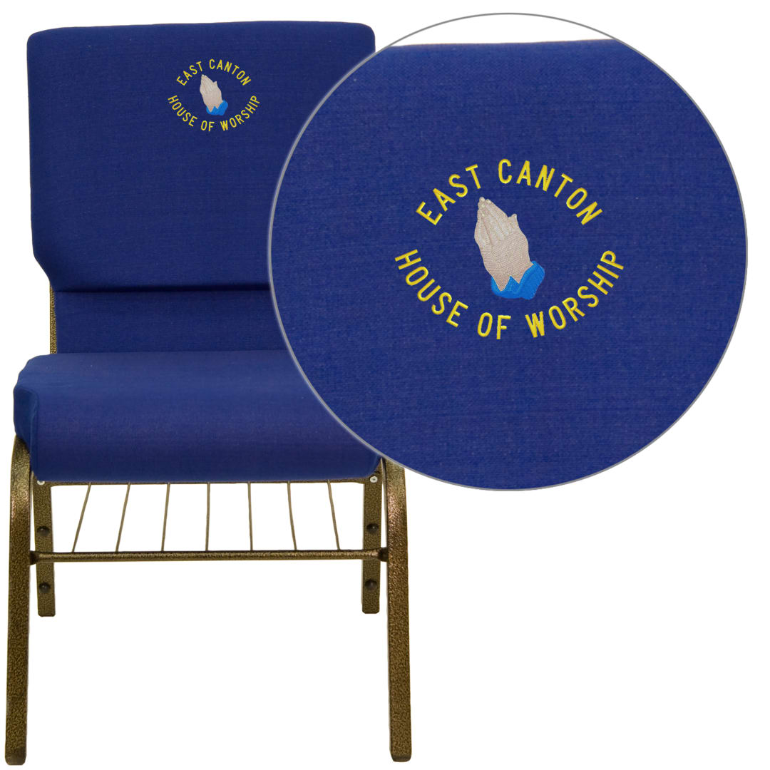 Embroidered HERCULES Series 18.5''W Church Chair in Navy Blue Fabric with Book Rack - Gold Vein Frame
