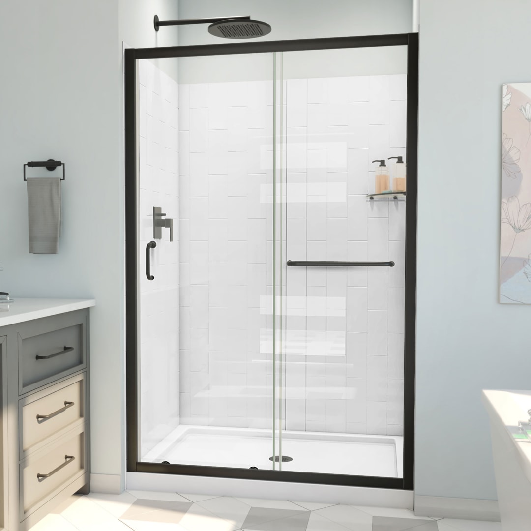 DreamLine Infinity-Z 36 inch D x 48 inch W x 78 3/4 inch H Semi-Frameless Sliding Shower Door in Matte Black and Clear Glass, Shower Base, and Wall Kit in White
