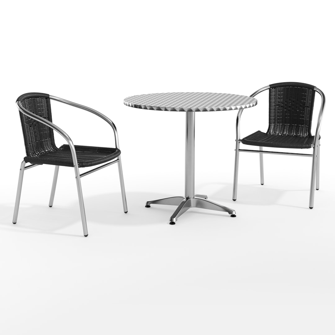 Lila 31.5'' Round Aluminum Indoor-Outdoor Table Set with 2 Black Rattan Chairs