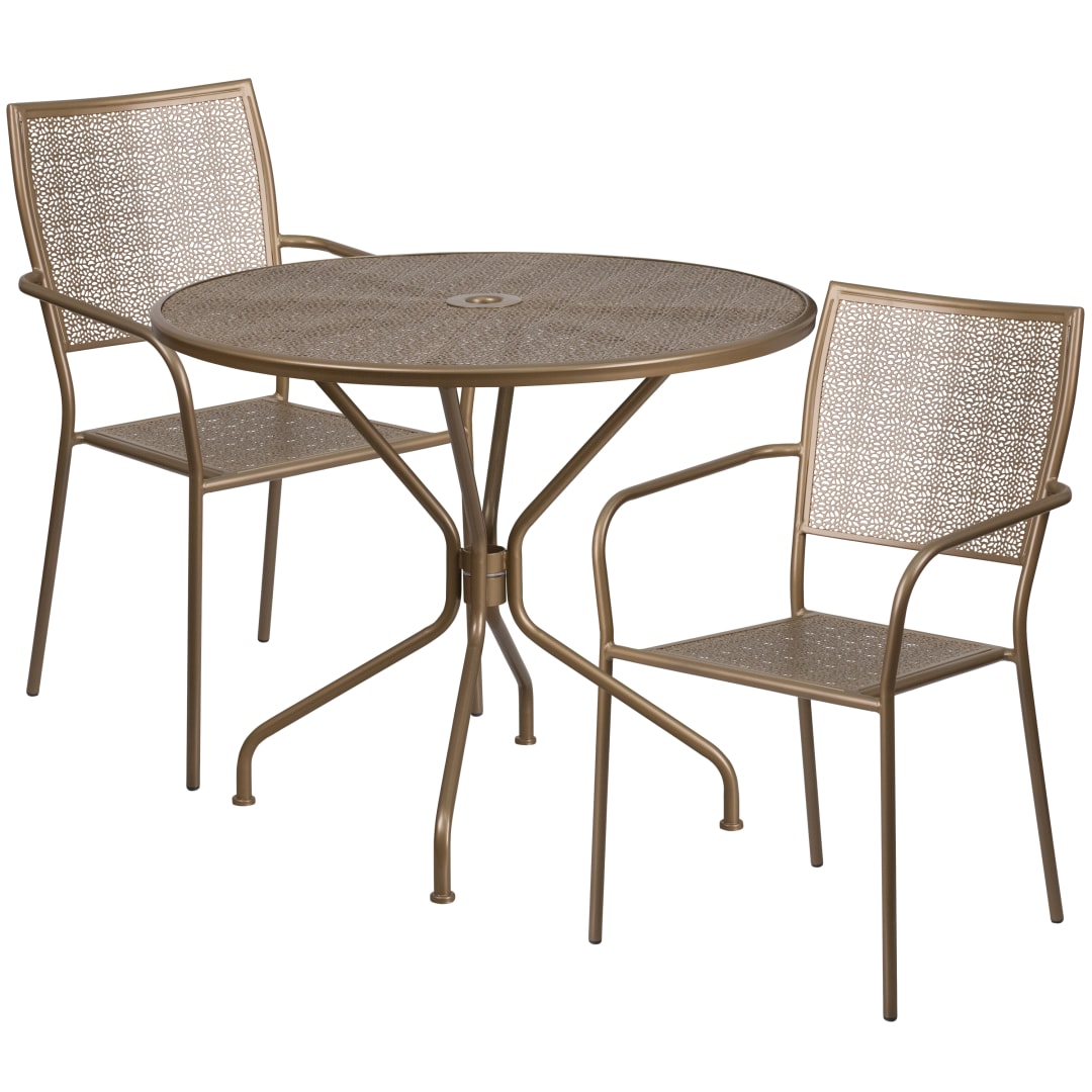 Oia Commercial Grade 35.25" Round Gold Indoor-Outdoor Steel Patio Table Set with 2 Square Back Chairs