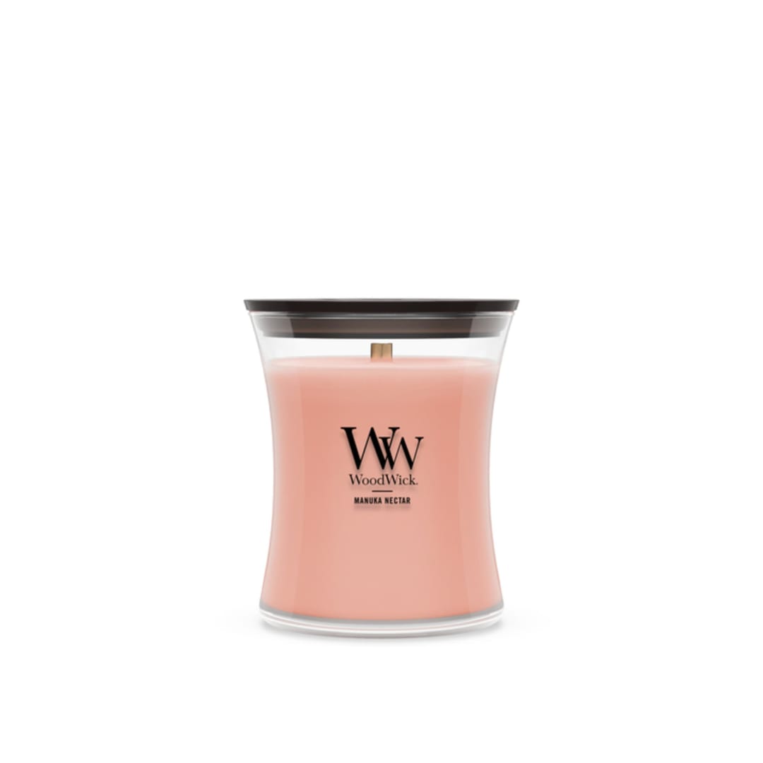 WoodWick® Manuka Nectar Scented Medium Hourglass Candle, Crackles as it Burns, Great for gifting, 9.7oz