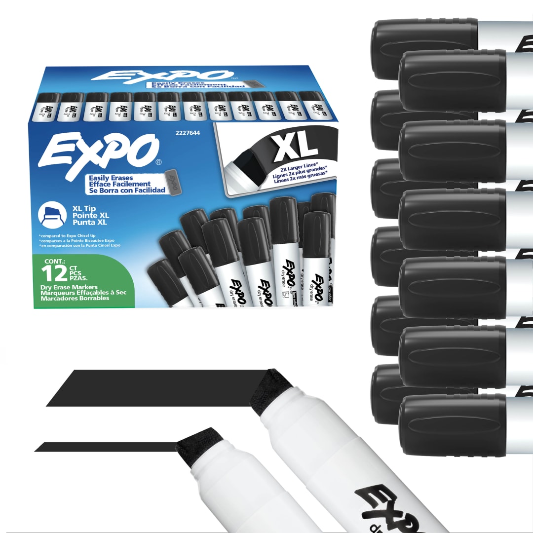 EXPO Dry Erase Markers, Low Odour Ink, Black, XL Tip, 12 Count