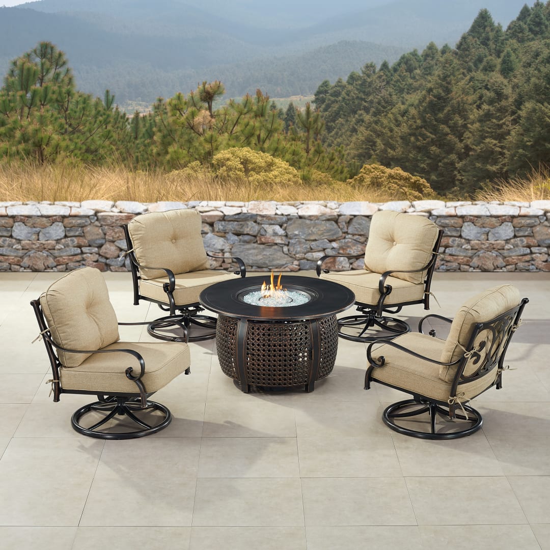 Black Aluminum Patio Fire Table Set with Four Club Chairs