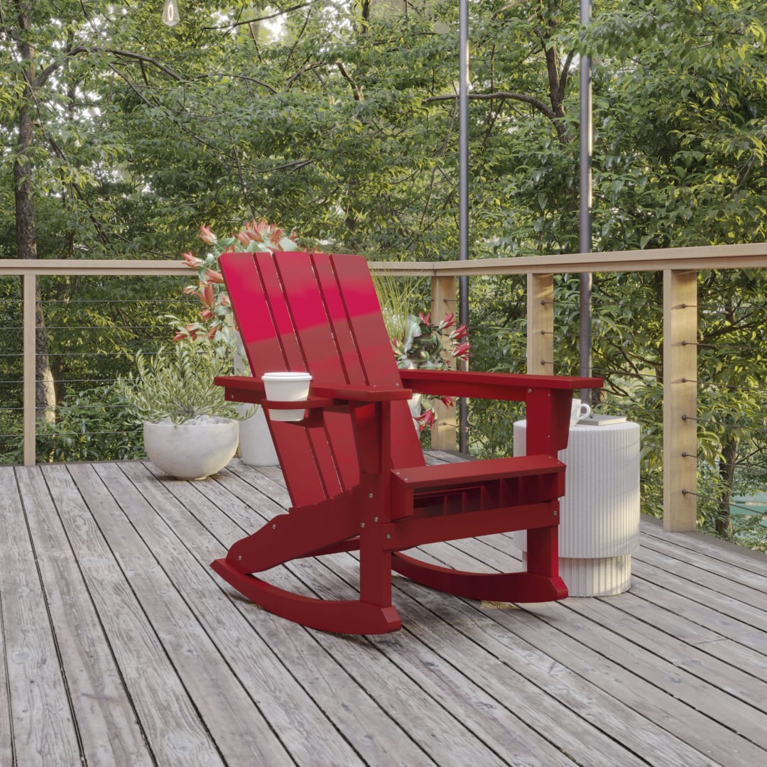 Halifax Adirondack Rocking Chair with Cup Holder, Weather Resistant HDPE Adirondack Rocking Chair in Red
