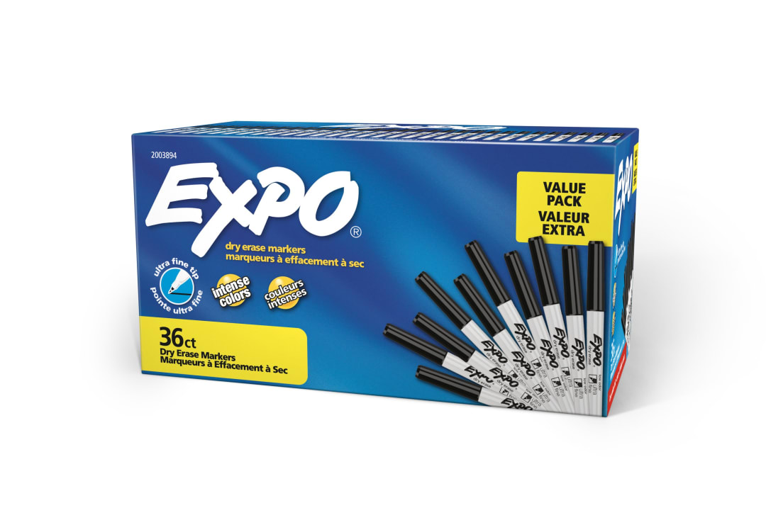 EXPO® Low Odor Dry Erase Markers, Ultra Fine Tip, Black, 36 Count