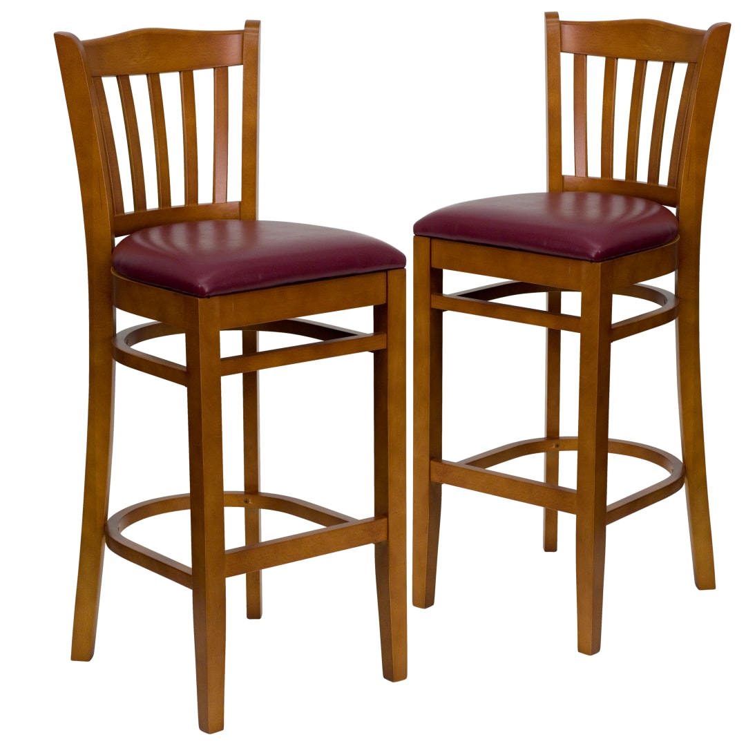 2 Pk. HERCULES Series Vertical Slat Back Cherry Wood Restaurant Barstool - Burgundy Vinyl Seat