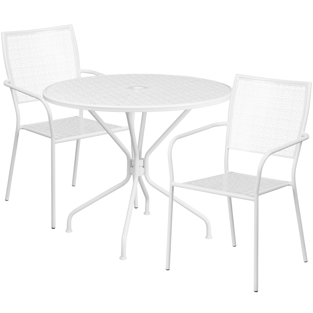 Oia Commercial Grade 35.25" Round White Indoor-Outdoor Steel Patio Table Set with 2 Square Back Chairs