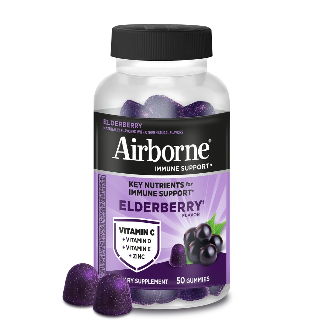 Airborne Elderberry + Zinc & Vitamin C Gummies for Adults,Immune Support with Antioxidants Vitamins C, D & E, Elderberry Flavor - 50 ct