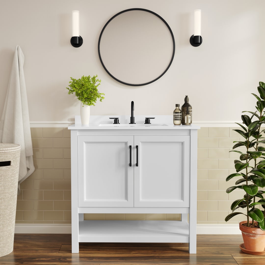 Vega 36" Bathroom Vanity with Sink, Storage Cabinet with Black Hardware, Soft Close Doors &amp; Open Shelf, Carrara Marble Finish Countertop, White/White