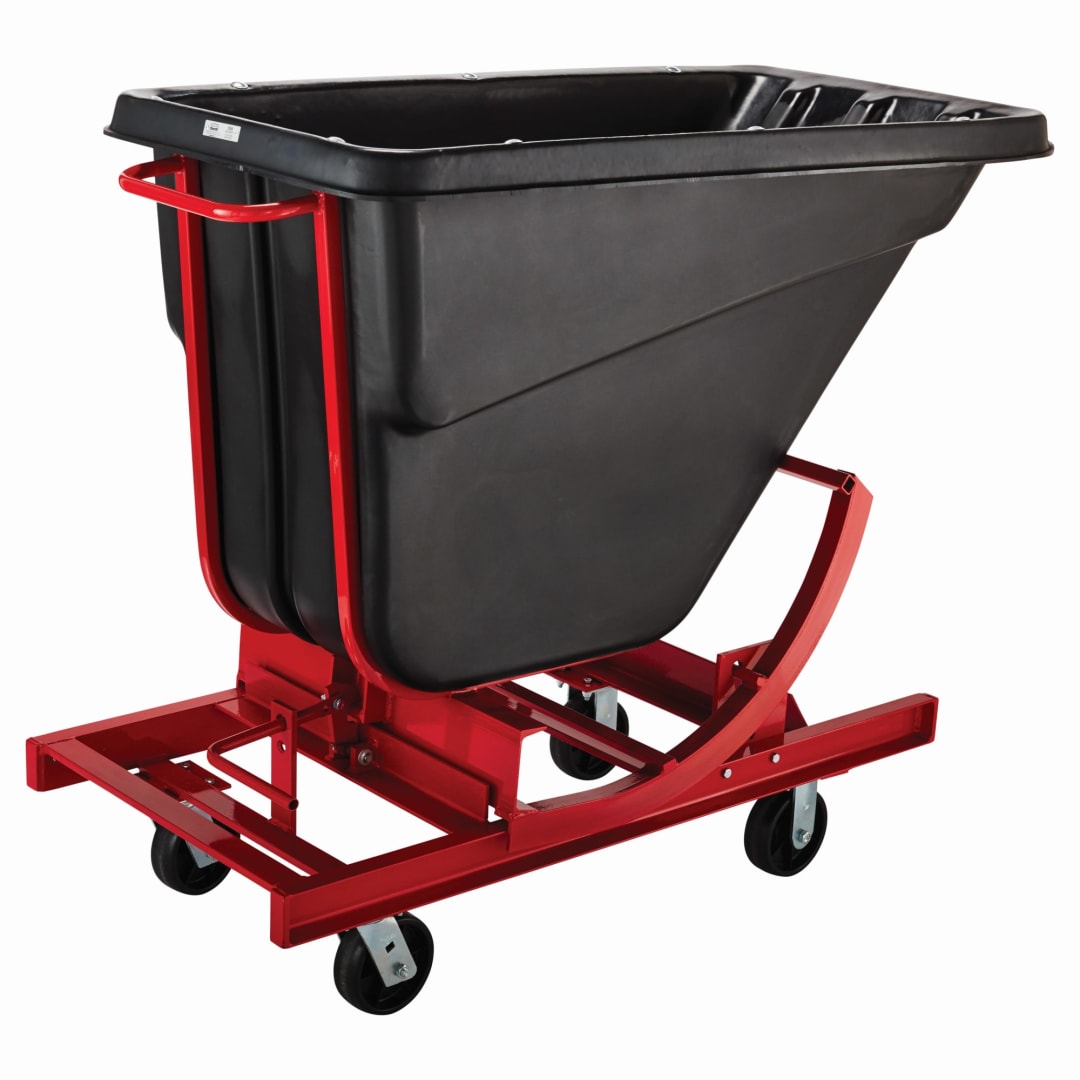 SELF-DUMPING HOPPER WITH 6 IN POLYOLEFIN CASTERS, 1/2 CUBIC YARD, BLACK