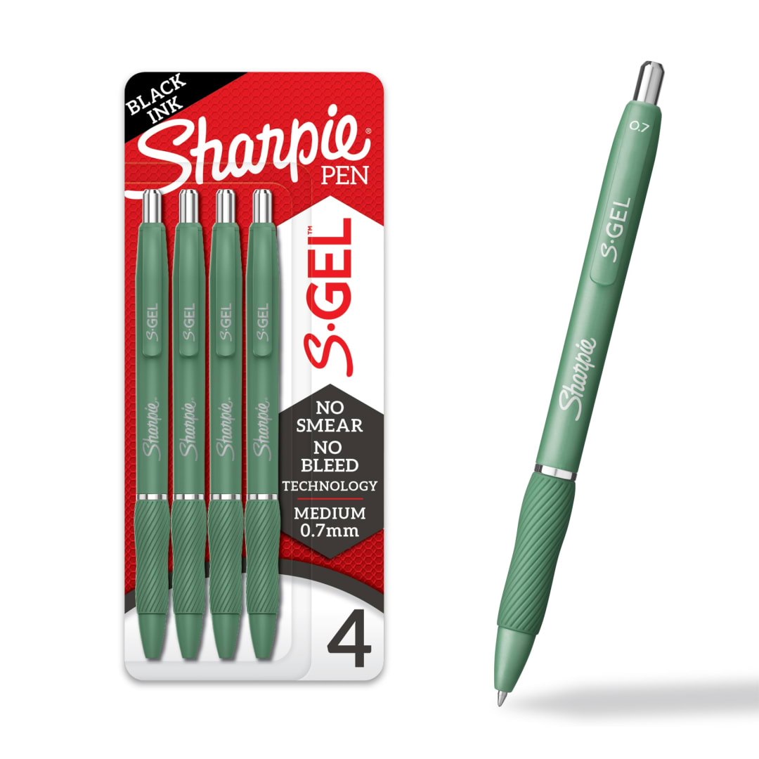 Sharpie® S-Gel, Gel Pens, Medium Point (0.7mm), Green Barrel, Black Ink, 4 Count