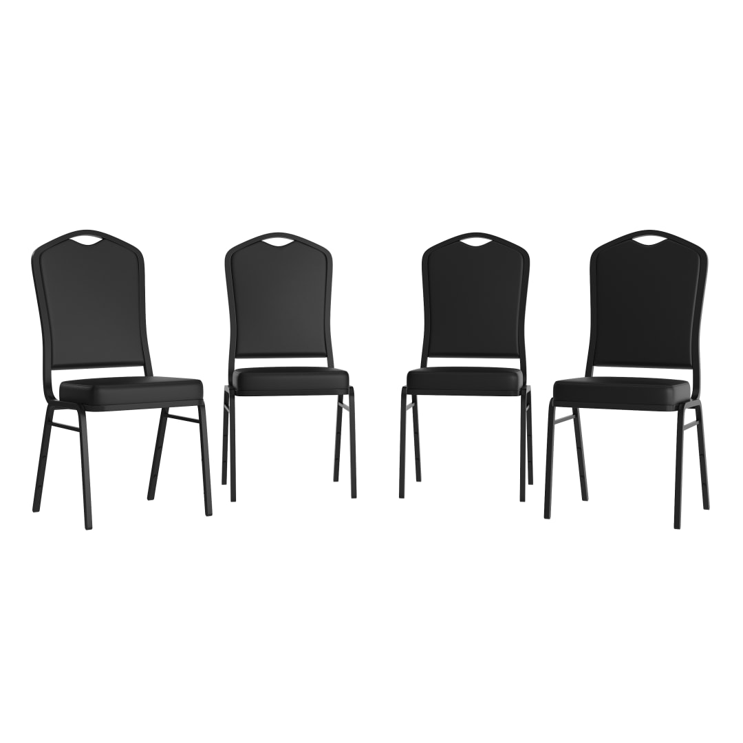 4 Pack HERCULES Series Crown Back Stacking Banquet Chair in Black Vinyl - Black Frame