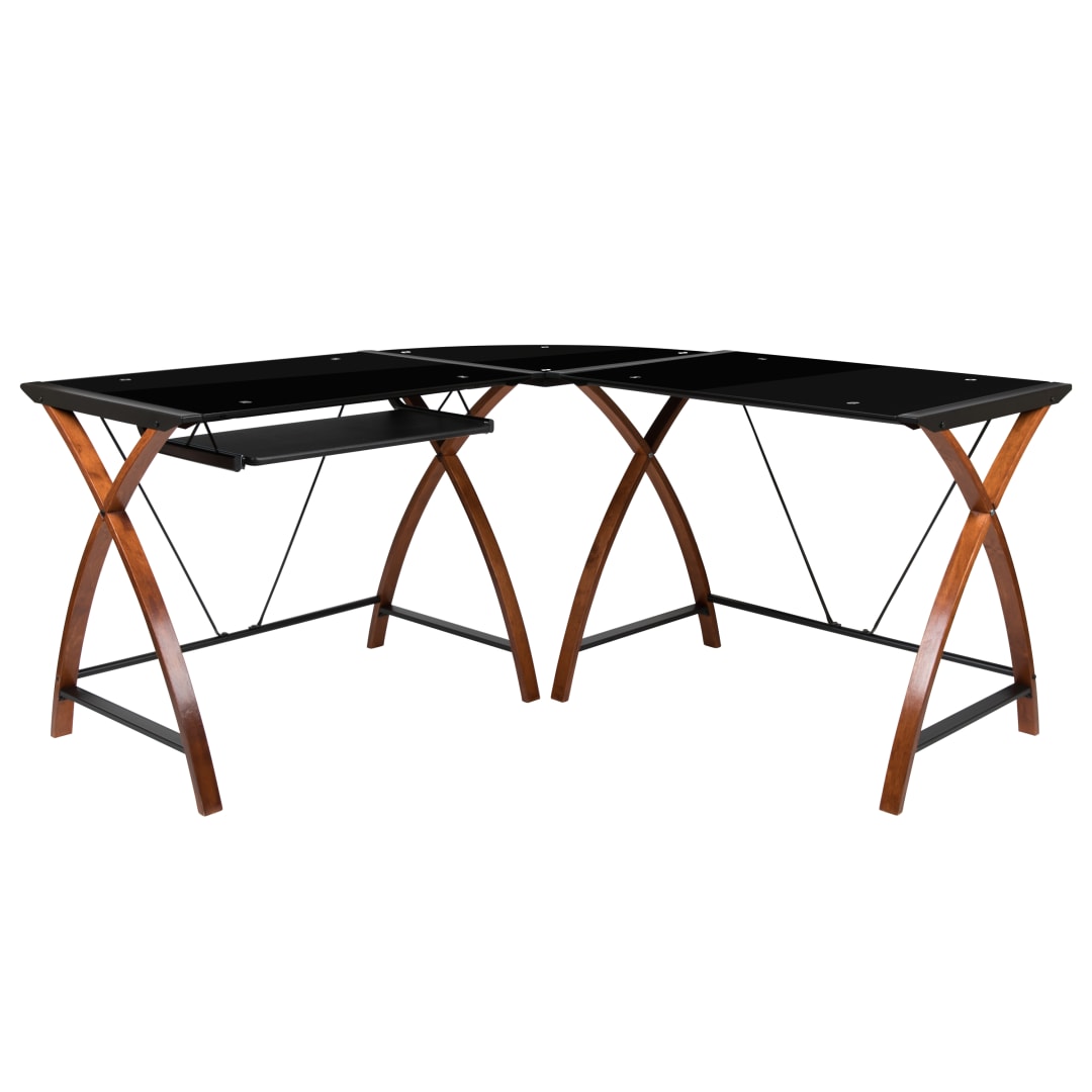 Jude Black Glass L-Shape Corner Computer Desk with Pull-Out Keyboard Tray