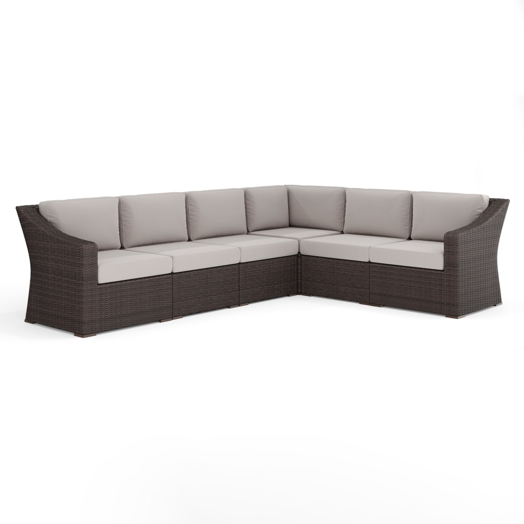 Bedford Indoor-Outdoor Modular Patio 6-Seat Sectional Sofa in Brown Rattan Wicker with Tan All-Weather Cushions