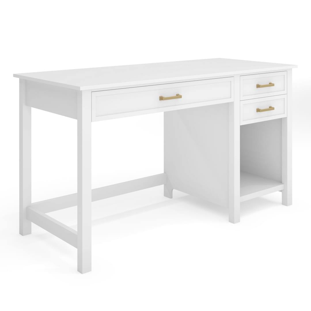 Hutton Shaker Style Home Office Desk with 2 Side Drawers in White with Polished Brass Hardware