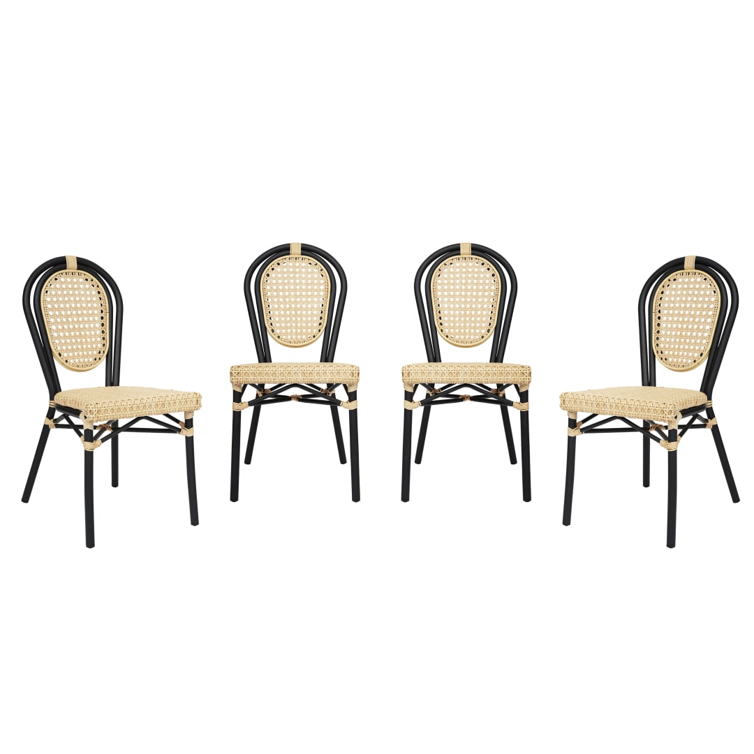 4 Pack Cannes Indoor/Outdoor Commercial Thonet Bistro Stacking Chair, Natural PE Cane Rattan and Black Aluminum Frame