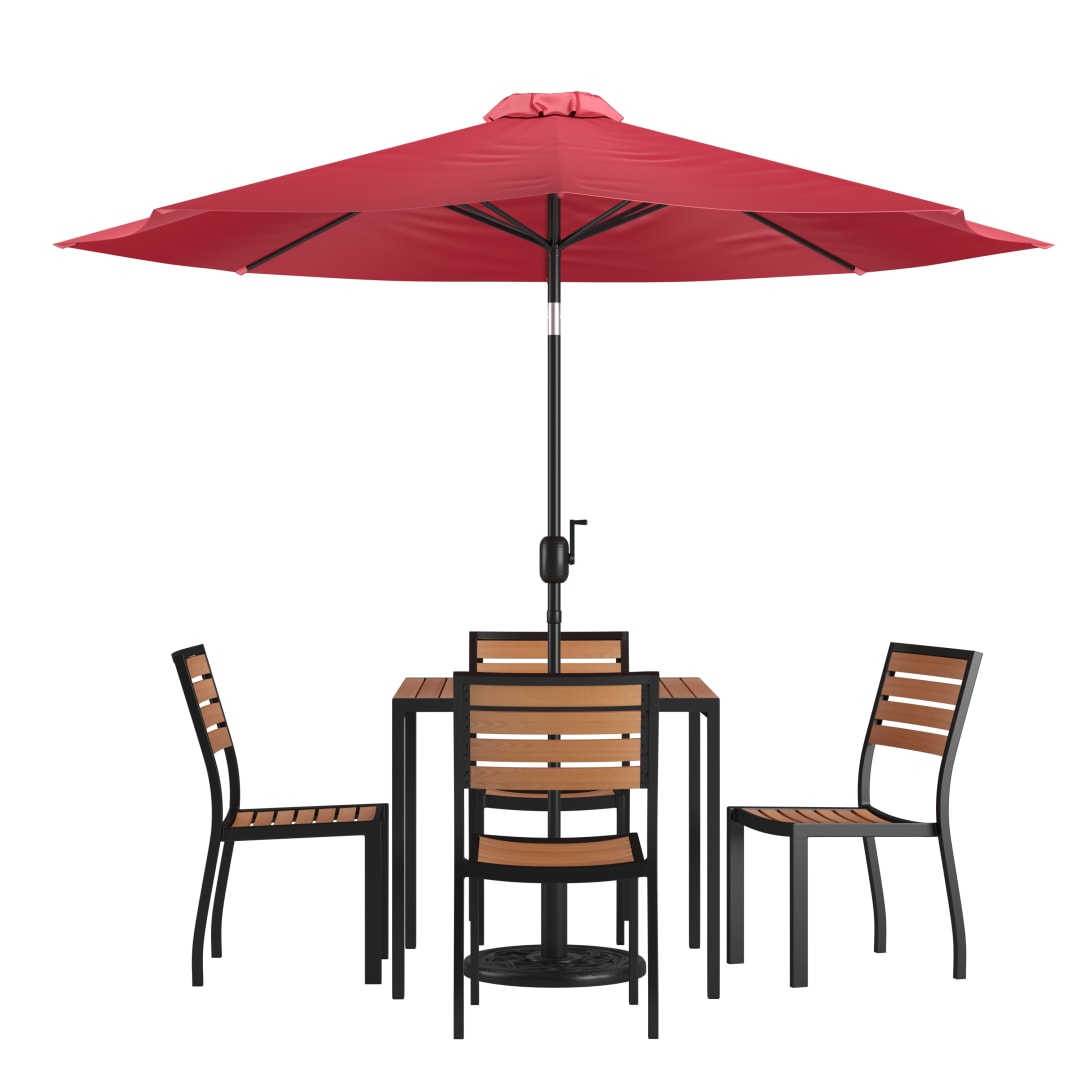 Lark 7 Piece All-Weather Deck or Patio Set - 4 Stacking Faux Teak Chairs, 35" Square Faux Teak Table, Red Umbrella & Base