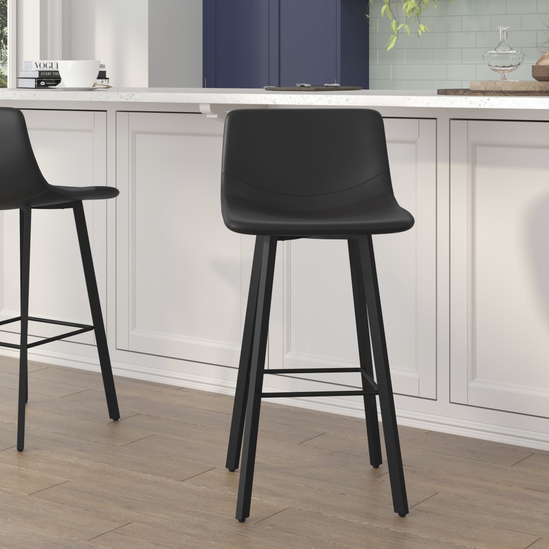 Caleb Modern Armless 30 Inch Bar Height Commercial Grade Barstools with Footrests in Black LeatherSoft and Black Matte Iron Frames, Set of 2