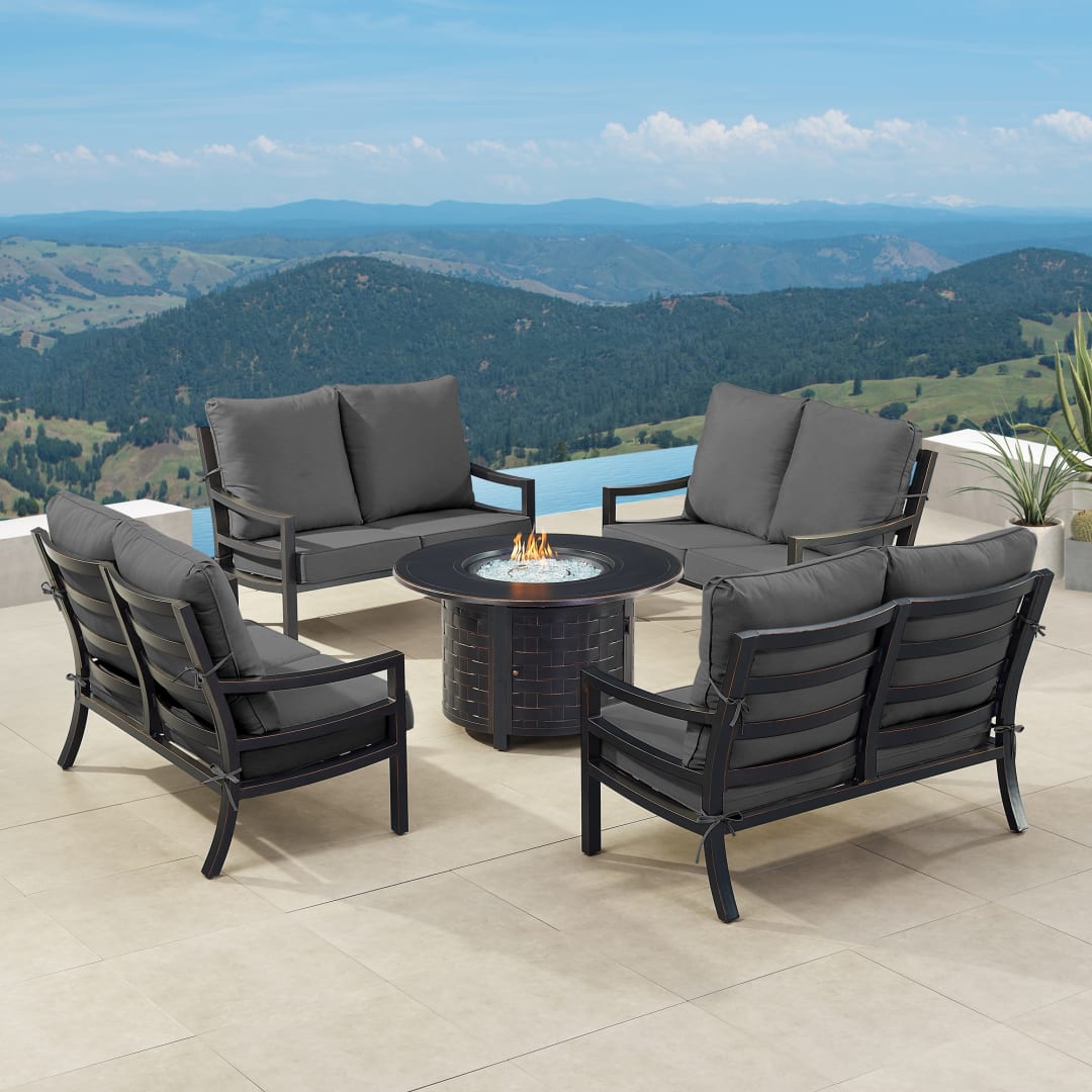 Black Aluminum Patio Fire Table Set with Four Deep Seating Loveseat with Cushions