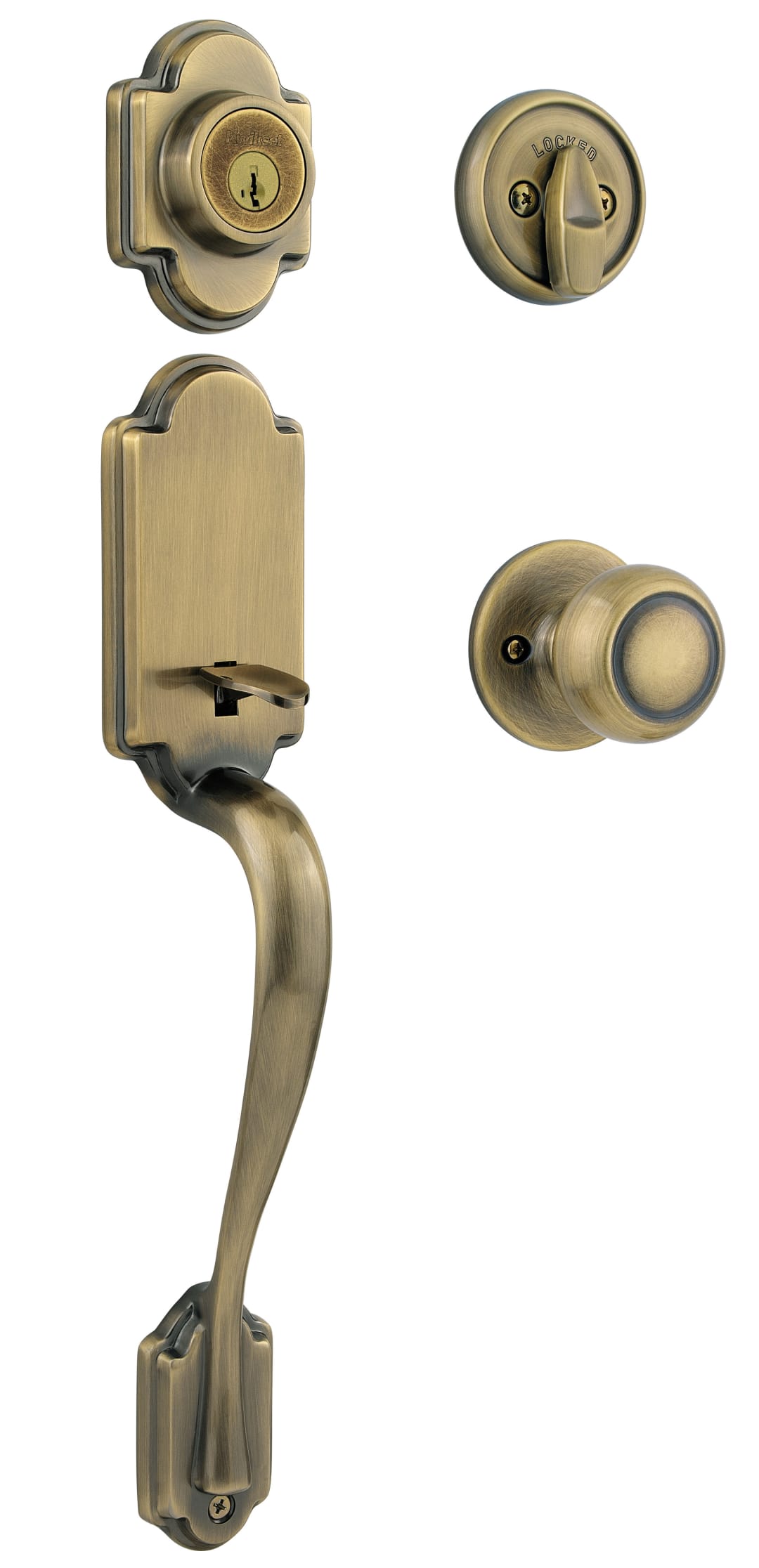 Arlington Single Cylinder Handleset w/Copa Knob featuring SmartKey Security™ in Antique Brass