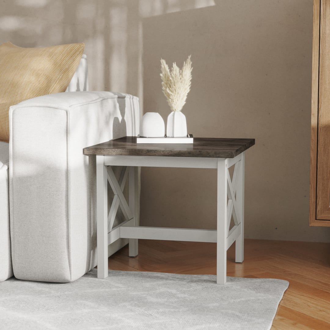 Jasper Farmhouse Style Solid Wood End Table with Traditional X-Frame Design in Acacia Gray and Rustic White