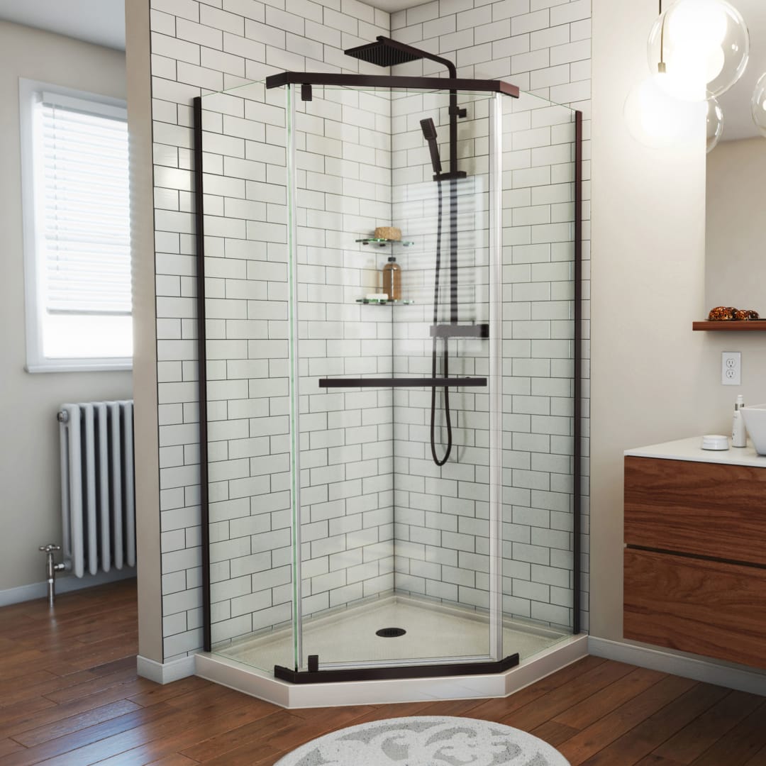 DreamLine Prism 36 inch D x 36 inch W x 74 3/4 inch H Frameless Neo-Angle Pivot Shower Enclosure in Oil Rubbed Bronze with Biscuit Shower Base Kit