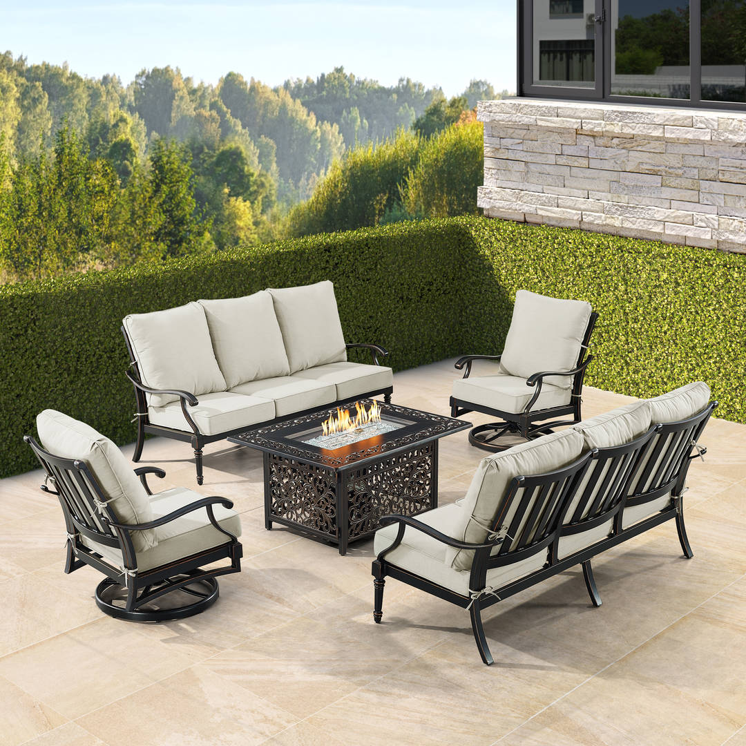Black Aluminum Patio Fire Table Set with Two Deep Seating Sofa with Cushions and Two Club Chairs