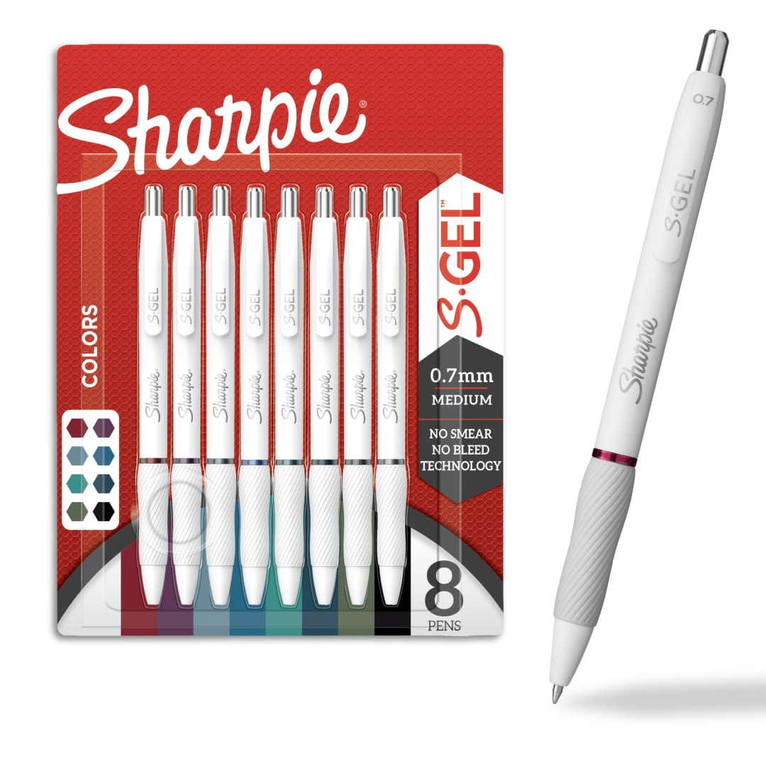 Sharpie® S-Gel Pens, Fashion Barrel Gel Pens, Pearl White Body, Medium (0.7mm) Point, Bold Ink Colors, 8 Count