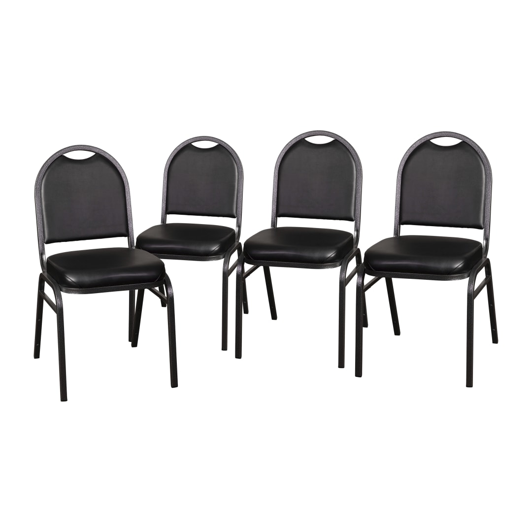 HERCULES Series Set of 4 Commercial Grade 500 LB. Capacity Dome Back Stacking Banquet Chairs in Black Vinyl with Silver Vein Metal Frames