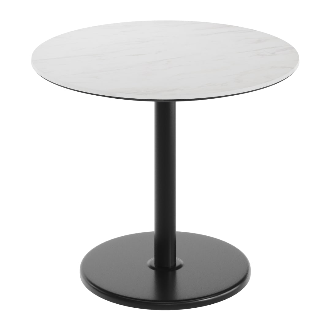 TopGuard 36" Round Tabletop, Seamless Surface Technology, White Faux Marble, 24" Black Round Table Height Base, Moisture, Scratch, Heat, UV Resistant