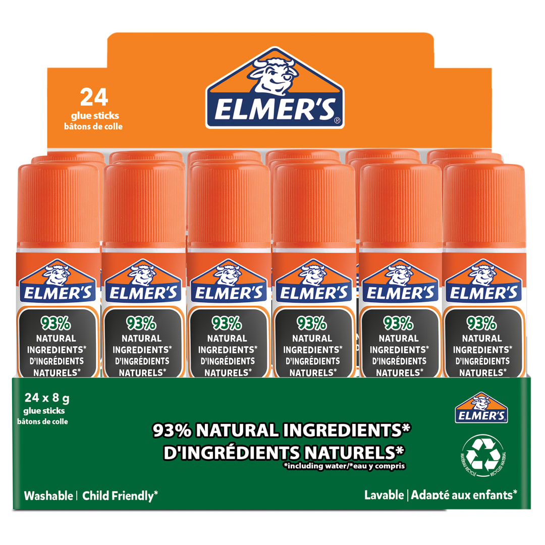 Barras de pegamento puro de Elmer | 93 % de ingredientes naturales | Ideal para clase y manualidades | Lavable y apto para niños | 8 g | paquete de 24