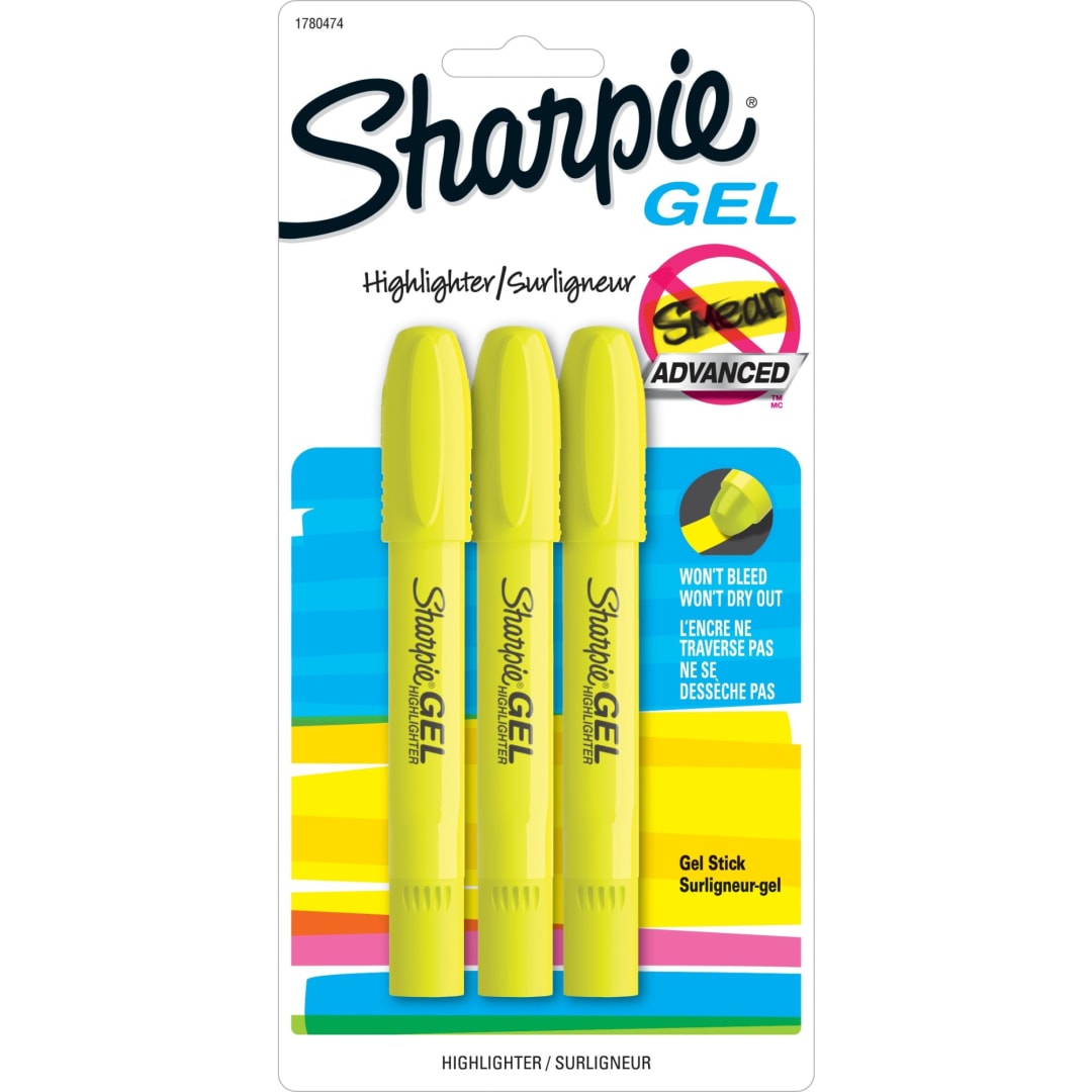 Sharpie® Gel Highlighters, Bullet Tip, Fluorescent Yellow, 3 Count