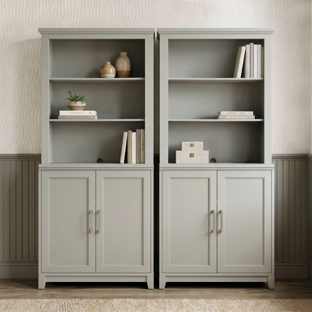 Bedford Set of 2 Modular Shaker Cabinets and 2 Hutch Set, Brushed Stainless Steel Hardware, Open Top Shelves, Soft-Close Doors, Bedford Gray