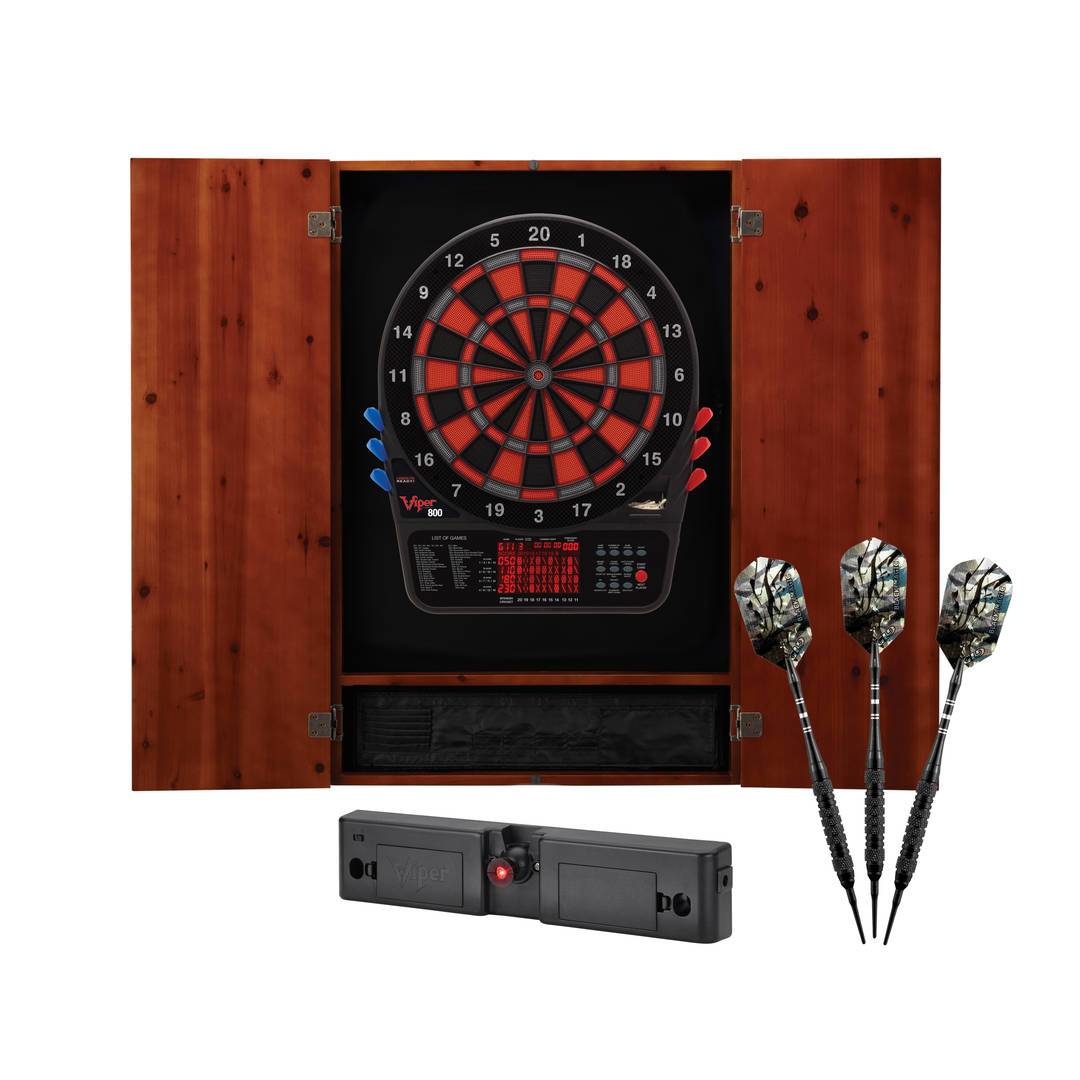 Viper Metropolitan Electronic Soft Tip Dartboard and Cabinet Bundle: Elite Set (800 Dartboard, Darts and Throw Line Light), Cinnamon Finish