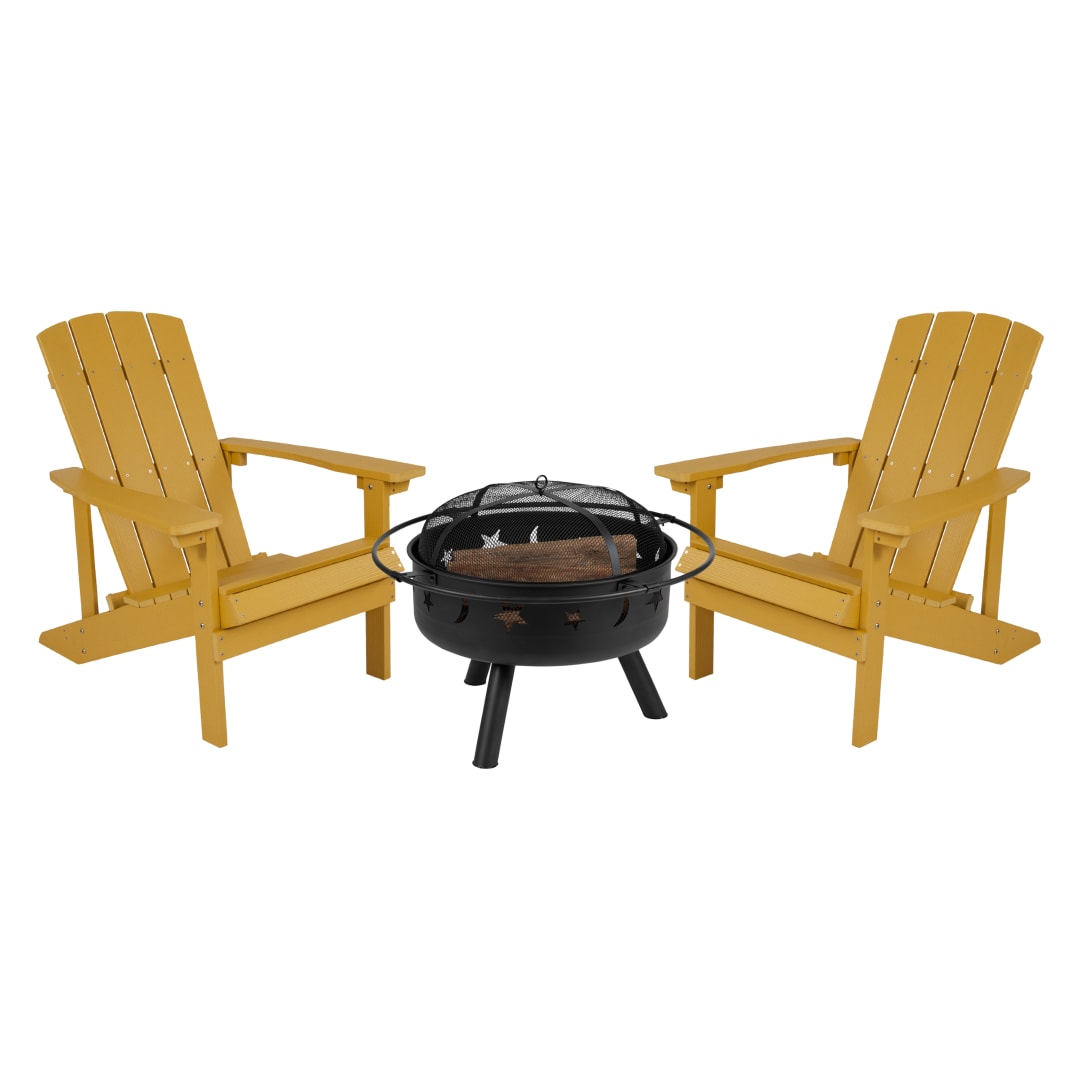 3 Piece Charlestown Commercial Yellow Commercial Poly Resin Wood Adirondack Chair Set with Fire Pit - Star and Moon Fire Pit with Mesh Cover