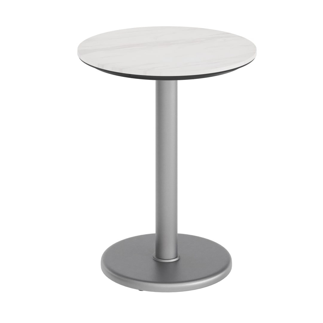 TopGuard 24" Round Outdoor Tabletop, White Faux Marble, Seamless Surface Technology, 18" Round Silver Base, Moisture, Scratch, Heat, UV Resistant