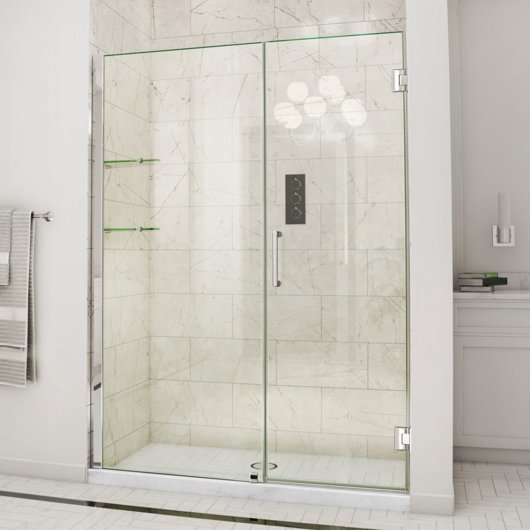 DreamLine Unidoor 59 - 60 inch W x 72 inch H Frameless Hinged Shower Door with Shelves in Chrome