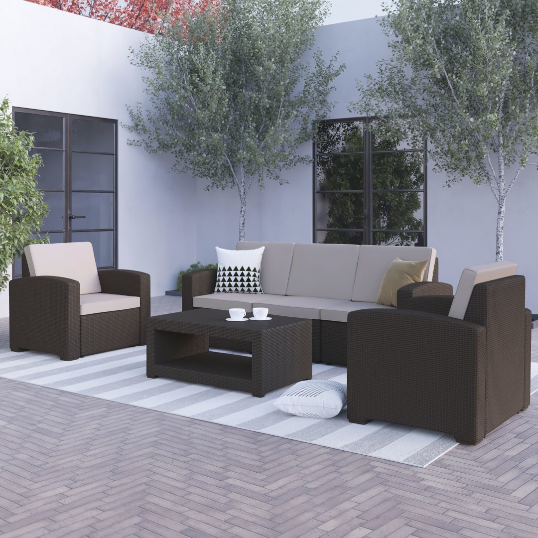 Seneca 4 Piece Outdoor Faux Rattan Chair, Sofa and Table Set in Seneca Chocolate Brown
