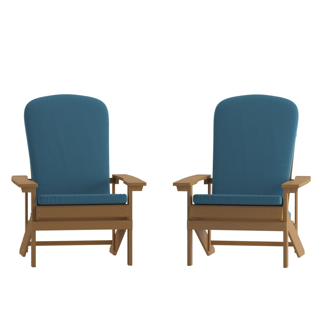 Charlestown Set of 2 All-Weather Poly Resin Wood Adirondack Chairs in Teak with Teal Cushions for Deck, Porch, and Patio